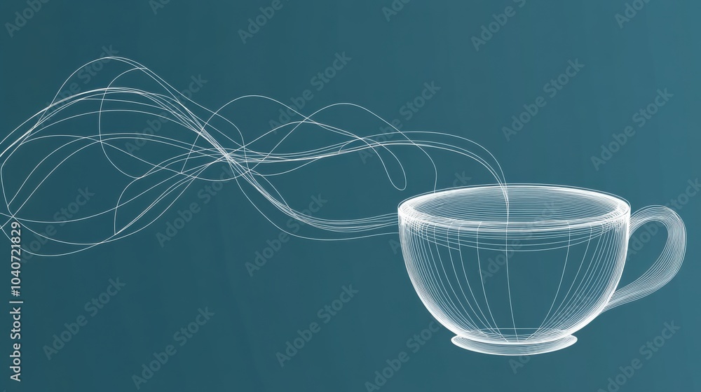 Poster A delicate line art representation of a tea cup, featuring soft, flowing steam lines drifting upward in a calm setting. Generative AI