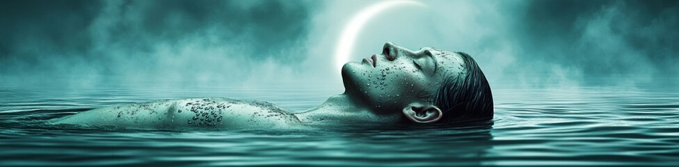 Fototapeta premium Person floating serenely in water under a crescent moon, AI