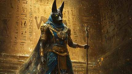 A majestic Anubis figure adorned in ancient Egyptian royal attire, standing in a golden,...