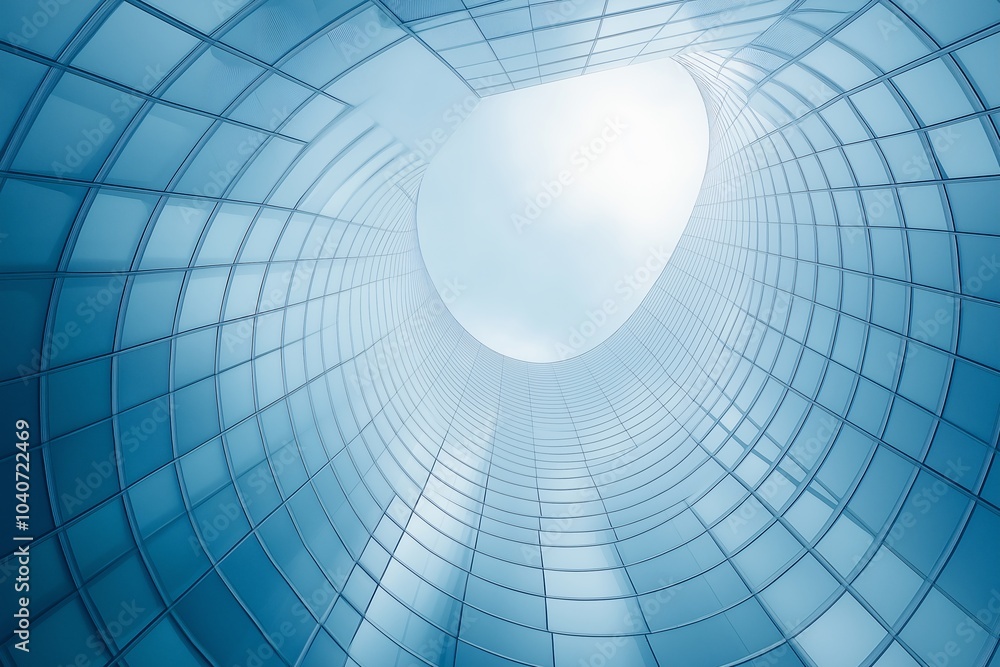 Poster view from below a modern architectural structure showcasing a unique glass design under a cloudy sky
