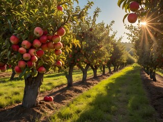 Fototapeta premium Sunset Orchard with Red Apples and Sun Rays
