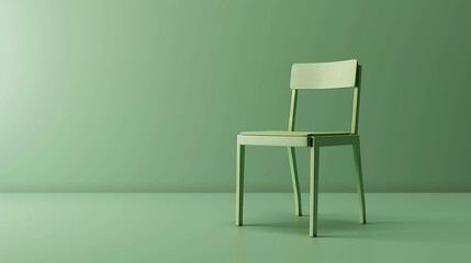 A simple green chair sits in the center of a green room. The chair is made of wood and has a light green cushion.