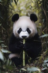 Fototapeta premium A cute giant panda munching on bamboo surrounded by lush greenery, showcasing its adorable features and playful nature in a serene forest setting.