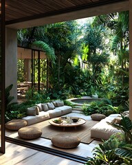 Fototapeta premium Luxurious open-air living room with plush seating and lush greenery, creating a serene and tropical oasis atmosphere, perfect for relaxation and entertaining.