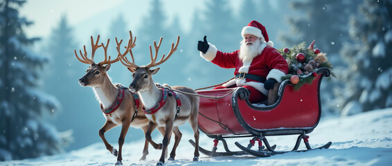 Santa Claus in a festive red sleigh, pulled by two reindeer, traversing a snowy forest. The image conveys Christmas magic and holiday cheer, capturing the essence of the winter season.

