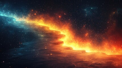 Fototapeta premium Abstract cosmic landscape with fiery orange and blue nebulae.