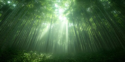 Sunlight filters through a serene bamboo forest, creating a tranquil and mystical atmosphere with lush greenery and towering bamboo stalks.