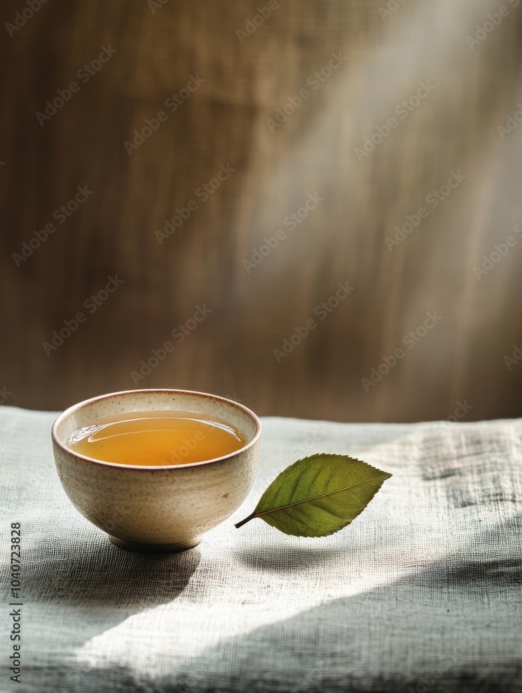 Poster a gentle tea leaf lies next to a warm cup of tea on a textured cloth, creating a peaceful atmosphere