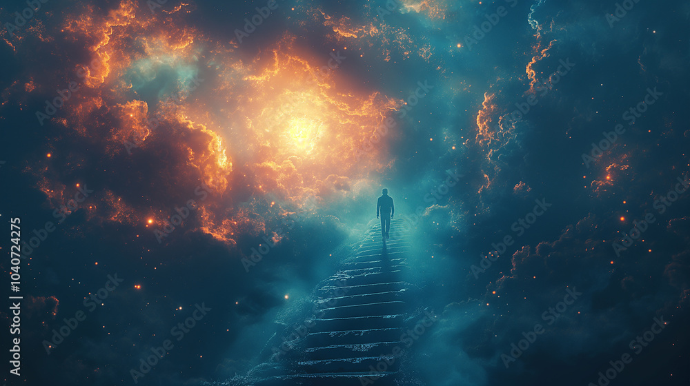 Wall mural person climbs up the stairs into the sky to the clouds difficulties are an obstacle in the way of bu