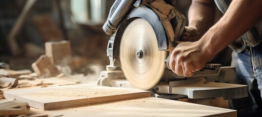 A craftsman using a circular saw to cut wood in a workshop during daylight hours