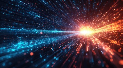 Naklejka premium Abstract digital background with blue and orange light streaks converging on a bright white center.