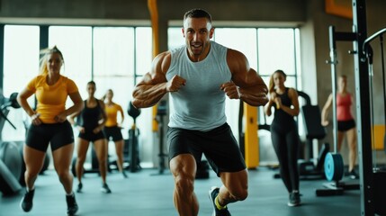 A dynamic image of a fitness trainer leading a high-intensity interval training (HIIT) session in a gym, with energetic participants and exercise equipment, Active style