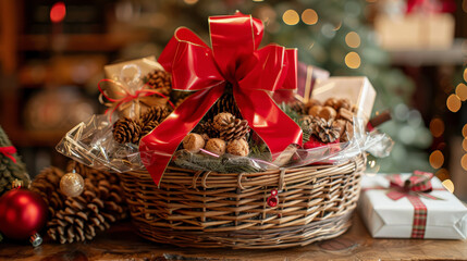 beautifully arranged Christmas gift basket filled with festive treats, pine cones, and vibrant red bow, perfect for holiday celebrations