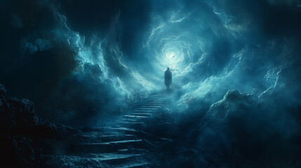person climbs up the stairs into the sky to the clouds difficulties are an obstacle in the way of business