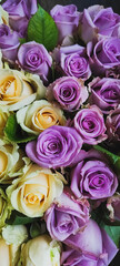 A bouquet of purple and yellow roses with lush green leaves