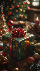 beautifully wrapped Christmas gift with shimmering green wrapping paper and red bow sits amidst festive decorations, evoking warm holiday spirit
