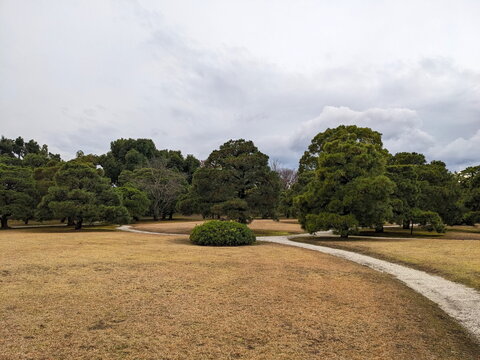 Kyoto, Japan - 2023.12.16: A footpath leading into the garden full of well-maintained pine trees next to Ninomaru Palace in Nijo Castle under a cloudy sky