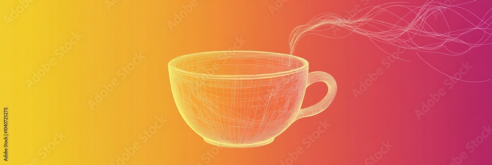 Poster A delicate and simple line art design depicts a tea cup with gentle steam rising, set against a colorful gradient backdrop. Generative AI