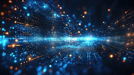 Fototapeta premium Abstract digital blue and orange glowing lights and particles, representing data, technology, and the future.