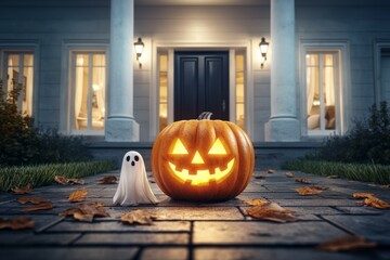 Obraz premium A ghost and a pumpkin are on a sidewalk outside of a house