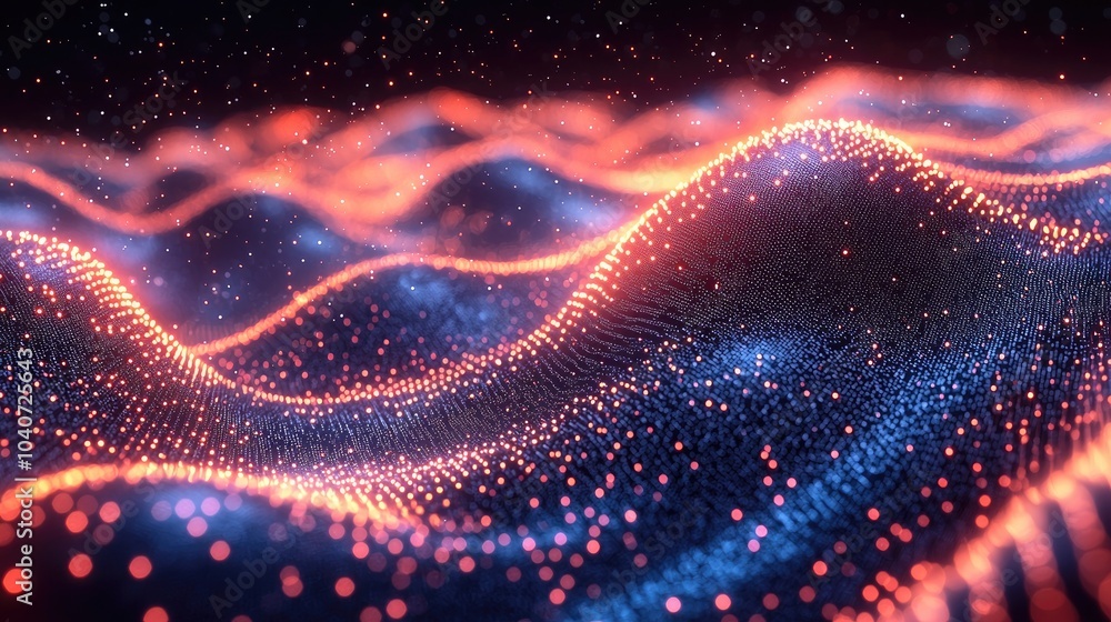 Poster abstract digital wave pattern with glowing particles in red and blue hues.