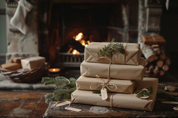 stack of presents wrapped in kraft paper, adorned with twine and greenery, sits near cozy fireplace, creating warm and inviting atmosphere perfect for holiday season