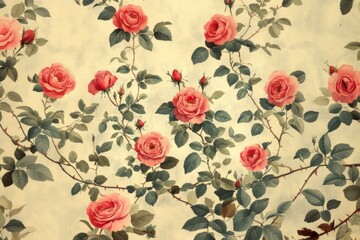 Vintage floral pattern with pink roses and green leaves on cream background for wallpaper or textile design
