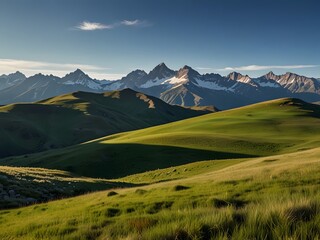 Mountain Range Landscape with Green Grass and Blue Sky