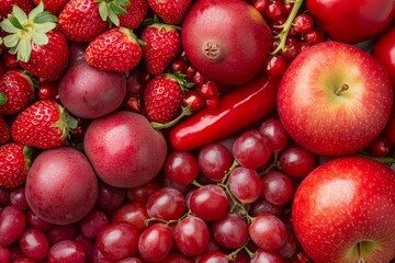 A close up of red fruits and vegetables including apples, strawberries