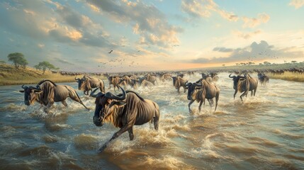 The Mara River is being crossed by wildebeests. Great Migration. Kenya. Tanzania. National Park of Maasai Mara. A great example.