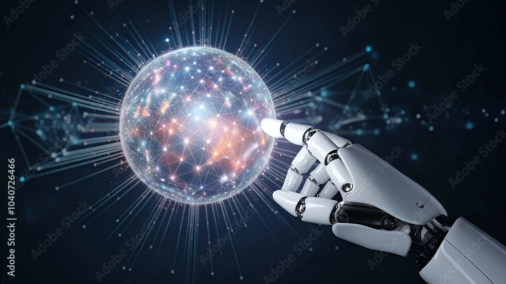 Aufkleber robotic hand holding a glowing network sphere symbolizing ai-powered global technology and data inno
