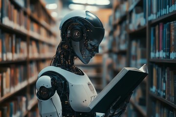 Humanoid robot engaged in reading a book within a library, exploring knowledge and learning concepts of artificial intelligence