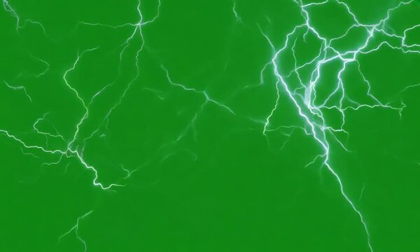 A green screen video with animated lightning bolts moving across the screen. The bolts are white and jagged, creating a dynamic and powerful effect.