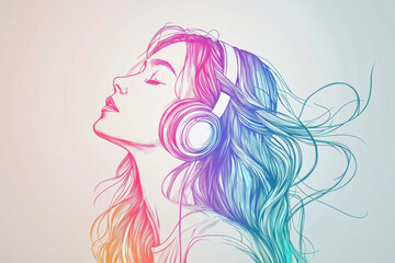A colorful line art illustration of a woman wearing headphones, with her eyes closed and head tilted slightly back as if immersed in music