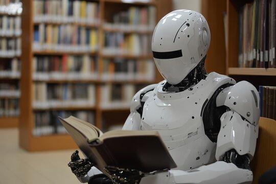 A humanoid robot reading a book in a library setting during daytime
