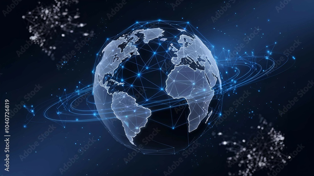 Poster digital earth globe surrounded by glowing connections and particles representing global communicatio