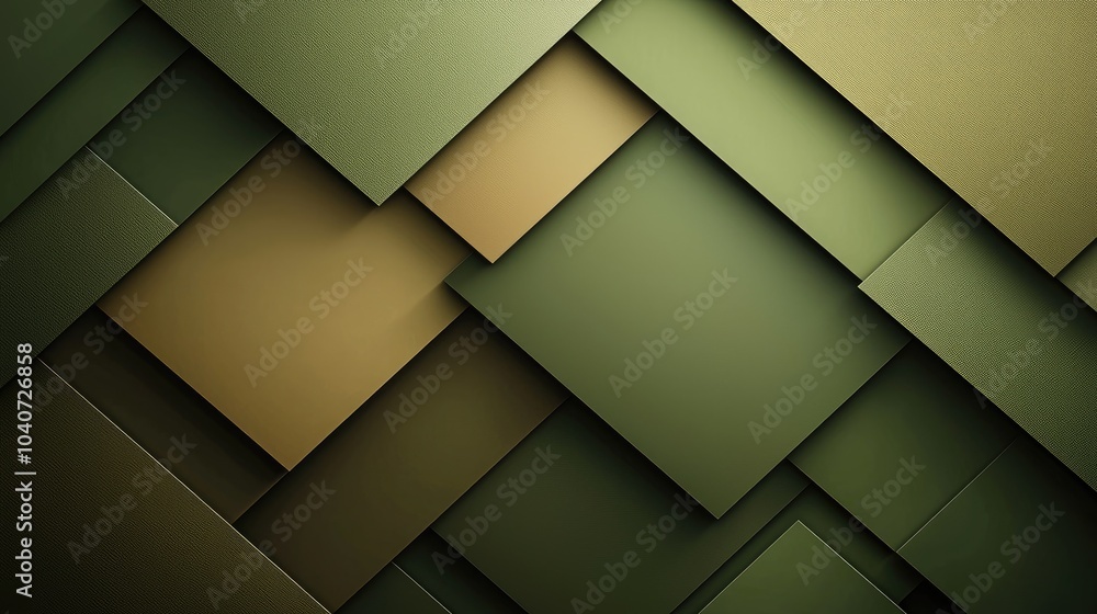 Poster abstract geometric background with overlapping squares in green and gold tones.
