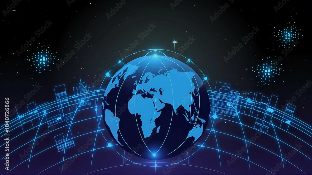 Poster digital globe with a glowing network of blue lines and dots, symbolizing global connectivity, futuri