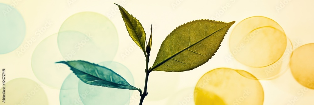 Poster a single tea leaf silhouette captures the essence of nature against a gentle, colorful backdrop in a