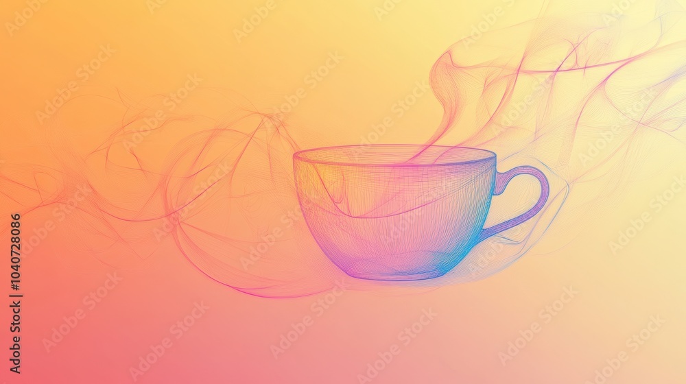 Poster a delicate tea cup created with a continuous line design, with soft steam rising above it, set again