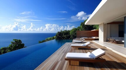 Fototapeta premium Wooden lounge chairs in the pool and deck of a contemporary villa