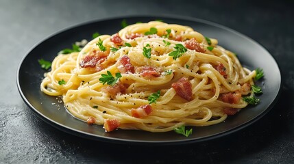 Creamy carbonara pasta with bacon and parsley on dark plate. Dark plate with italian foods. Ultra realistic. Photorealistic