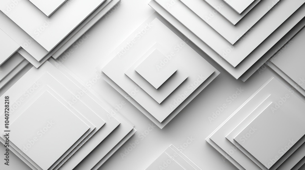 Poster abstract geometric pattern of white squares and rectangles in a layered 3d effect.