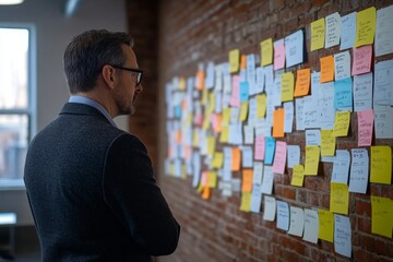 Businessman analyzes user journey map with sticky notes on a brick wall in a modern office