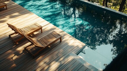 Fototapeta premium Wooden lounge chairs in the pool and deck of a contemporary villa