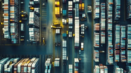 A dynamic logistics hub alive with activity, symbolizing the pulse of global trade, The photography style focuses on the density and meticulous arrangement of stored items
