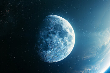 Obraz premium Blue moon in space. space photography of celestial body for scientific presentations, astronomy study. Banner with place for text