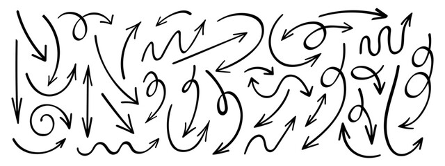 Set of black hand-drawn arrow icons. Curved pointers in doodle style. Direction or orientation signs painted by pen, brush or pencil isolated on white background. Vector graphic illustration.