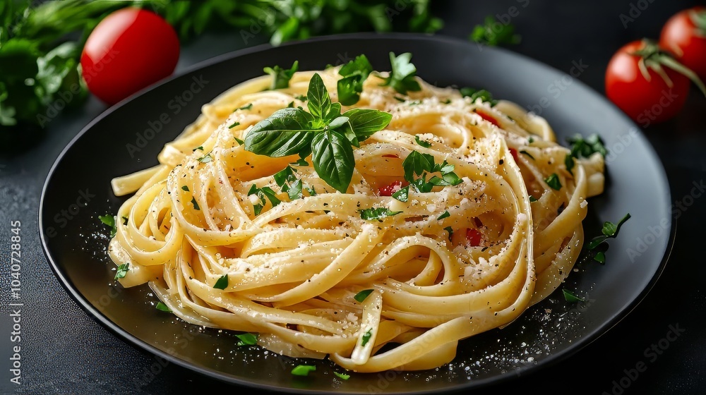 Wall mural Dark plate with italian pasta and fresh herbs on a black background. Dark plate with italian foods. Ultra realistic. Photorealistic