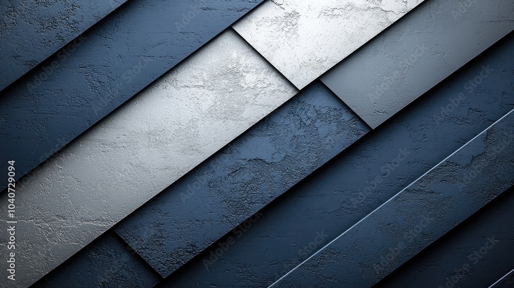 Poster abstract geometric pattern with diagonal stripes of blue and silver on a textured background.